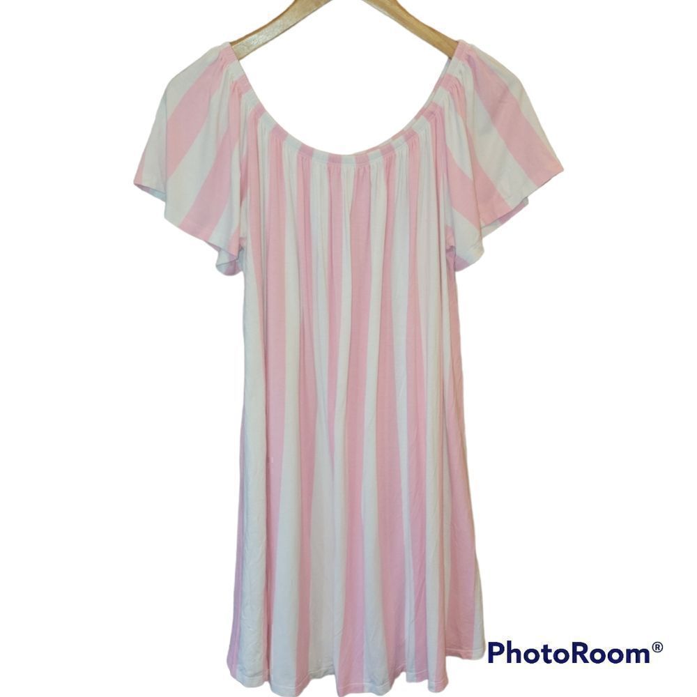 ASOS Pink White Stripe Cabana Candy Stripe Off Shoulder Short Sleeve Dress 8 - Picture 4 of 12